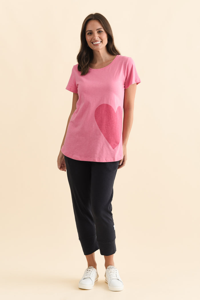 One Heart Blush Pink Cotton Tee,Brunette model,alt text|model:MJ