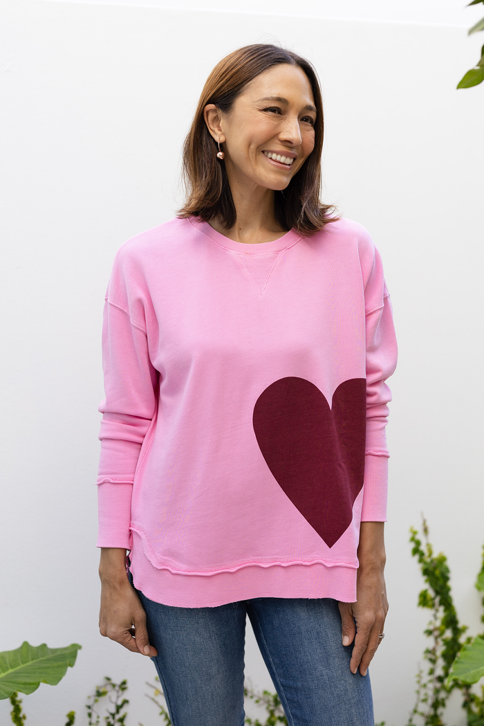 One Heart Pink Cotton Crewneck Sweatshirt,brunette model,Front of Outfit, Lifestyle