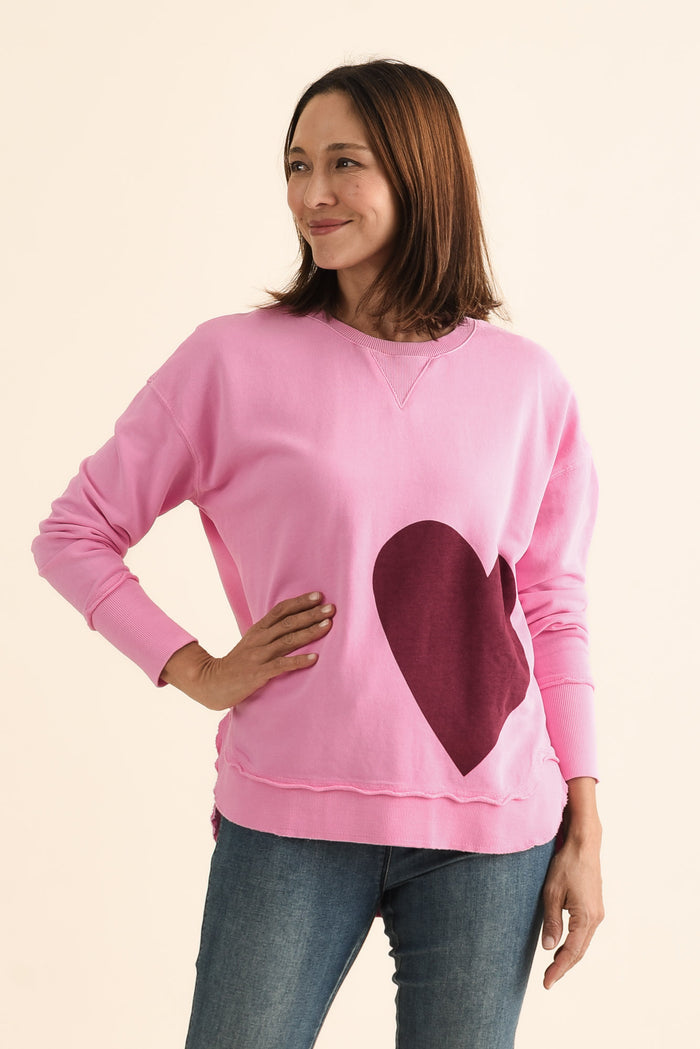 One Heart Pink Cotton Crewneck Sweatshirt,brunette model,Front of Outfit,alt text|model:Cara