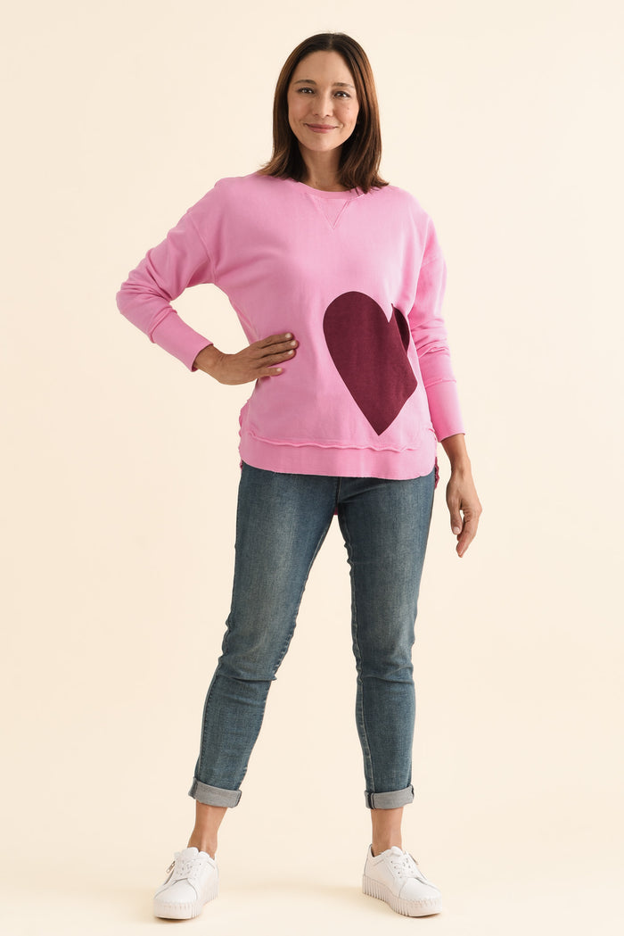 One Heart Pink Cotton Crewneck Sweatshirt,brunette model,Full Outfit,alt text|model:Cara