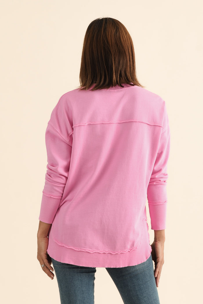 One Heart Pink Cotton Crewneck Sweatshirt,brunette model,Back of Outfit,alt text|model:Cara