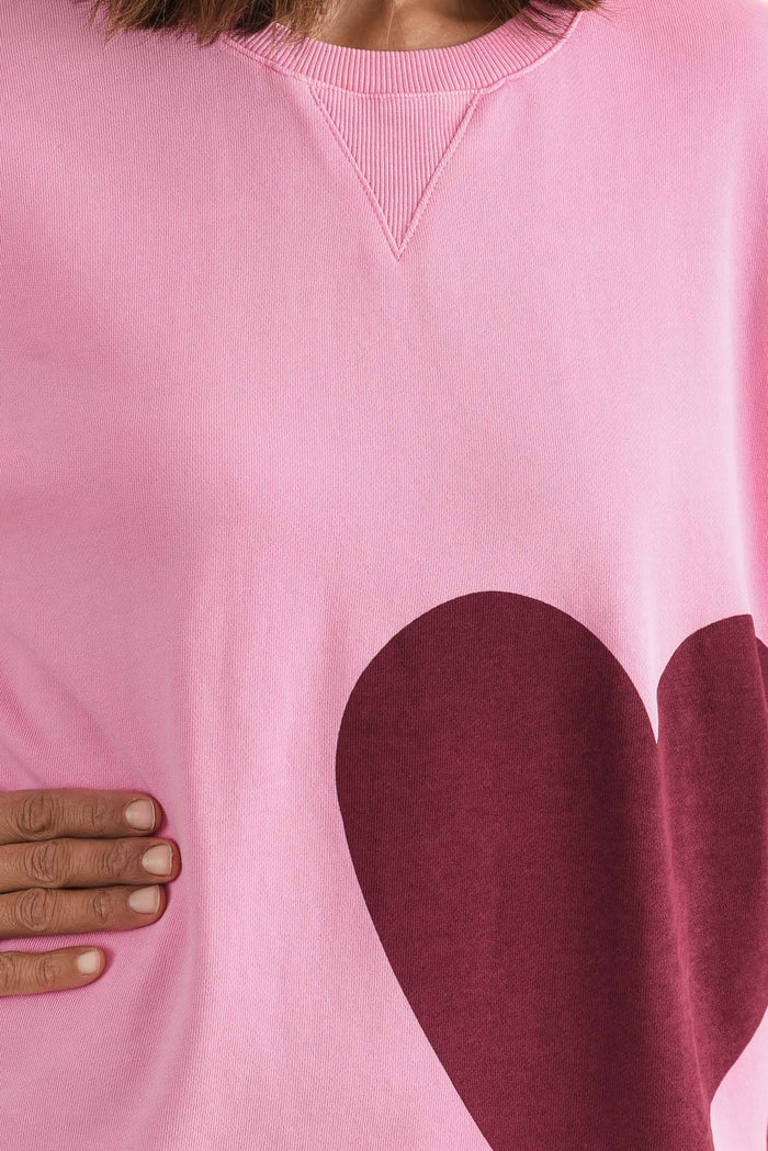 One Heart Pink Cotton Crewneck Sweatshirt,brunette model,Close up of outfit,alt text|model:Cara