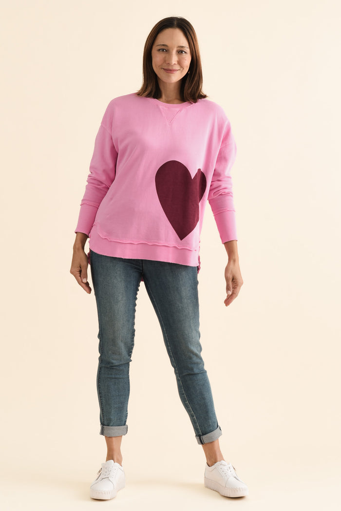 One Heart Pink Cotton Crewneck Sweatshirt,brunette model,Full Outfit,alt text|model:Cara