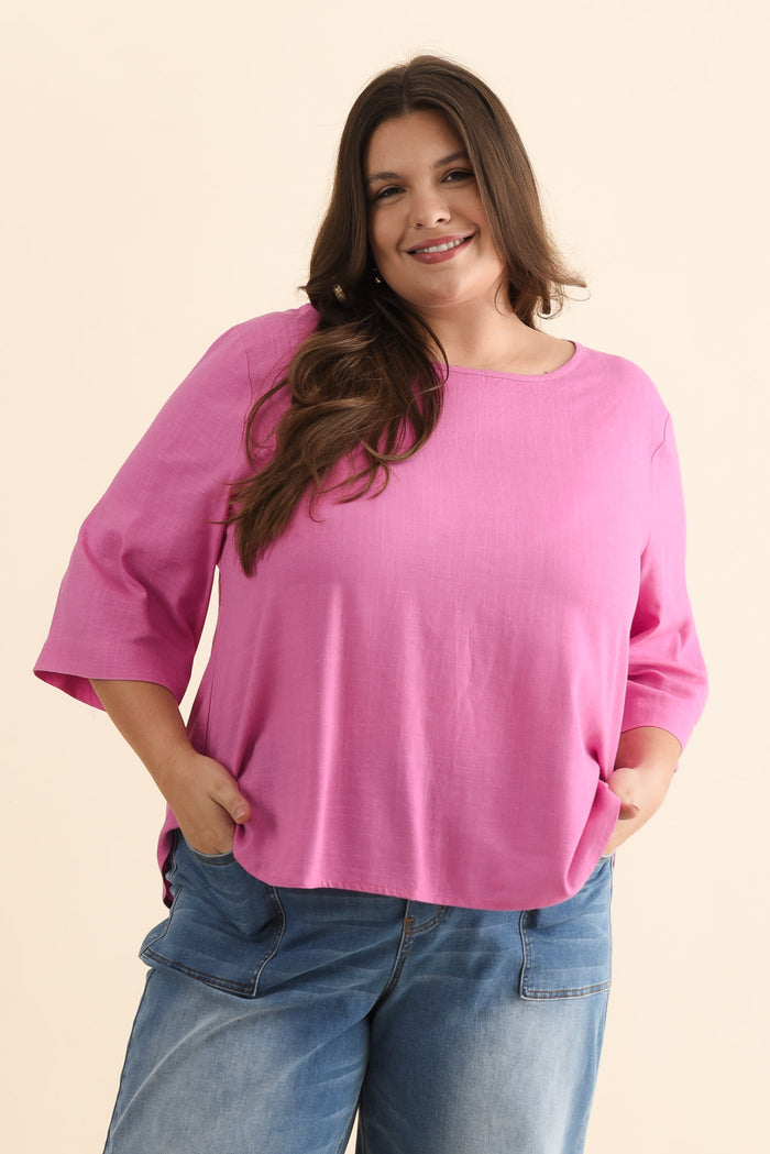 Ophelia Pink Scoop Neck Top,Brunette model,alt text|model:Gabby