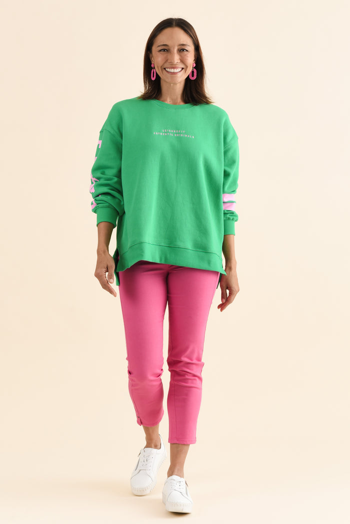 Origin Green Cotton Crewneck Sweatshirt,Full Body,Brunette model,alt text|model:Cara