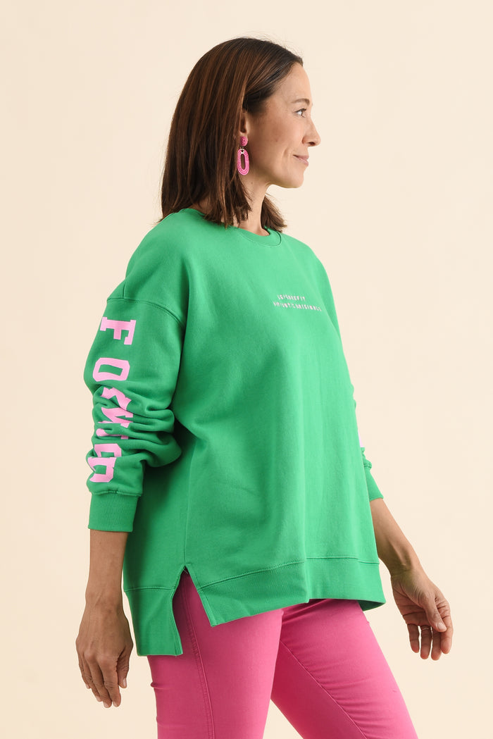 Origin Green Cotton Crewneck Sweatshirt,Side,Brunette model,alt text|model:Cara