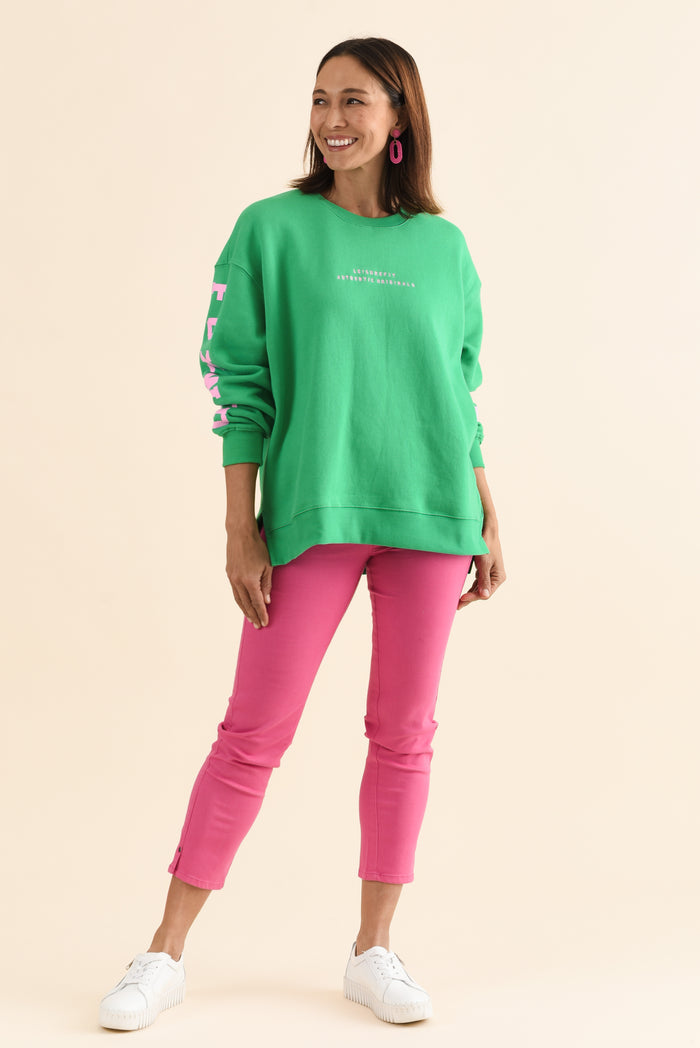 Origin Green Cotton Crewneck Sweatshirt,Full Body,Brunette model,alt text|model:Cara