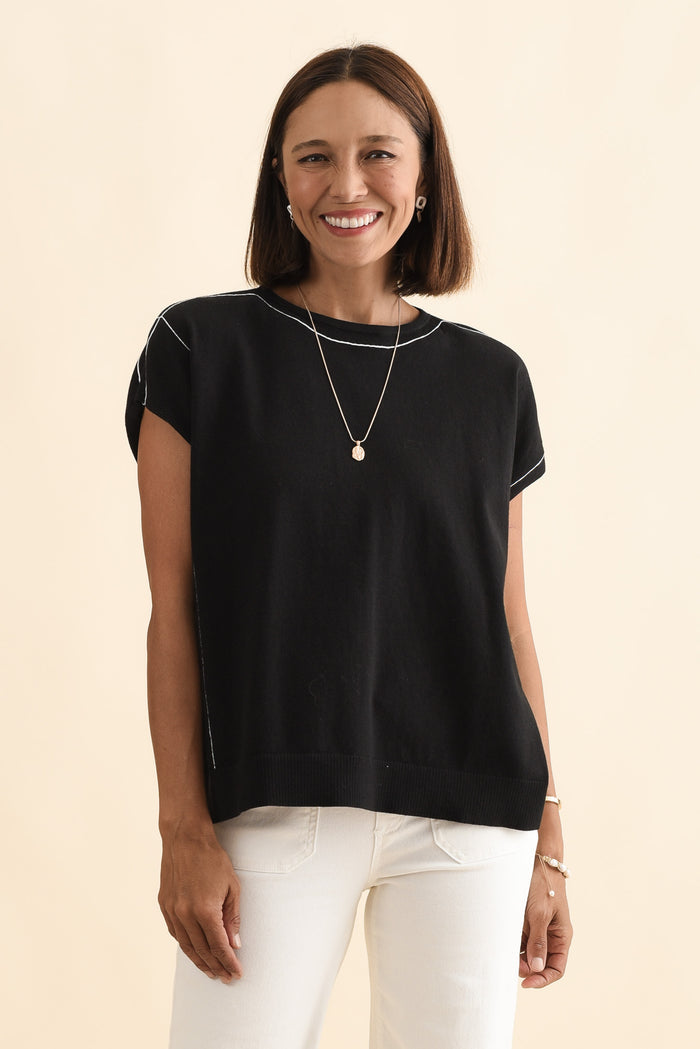Orla Black Cotton Blend Knit Top,Brunette model,alt text|model:Cara