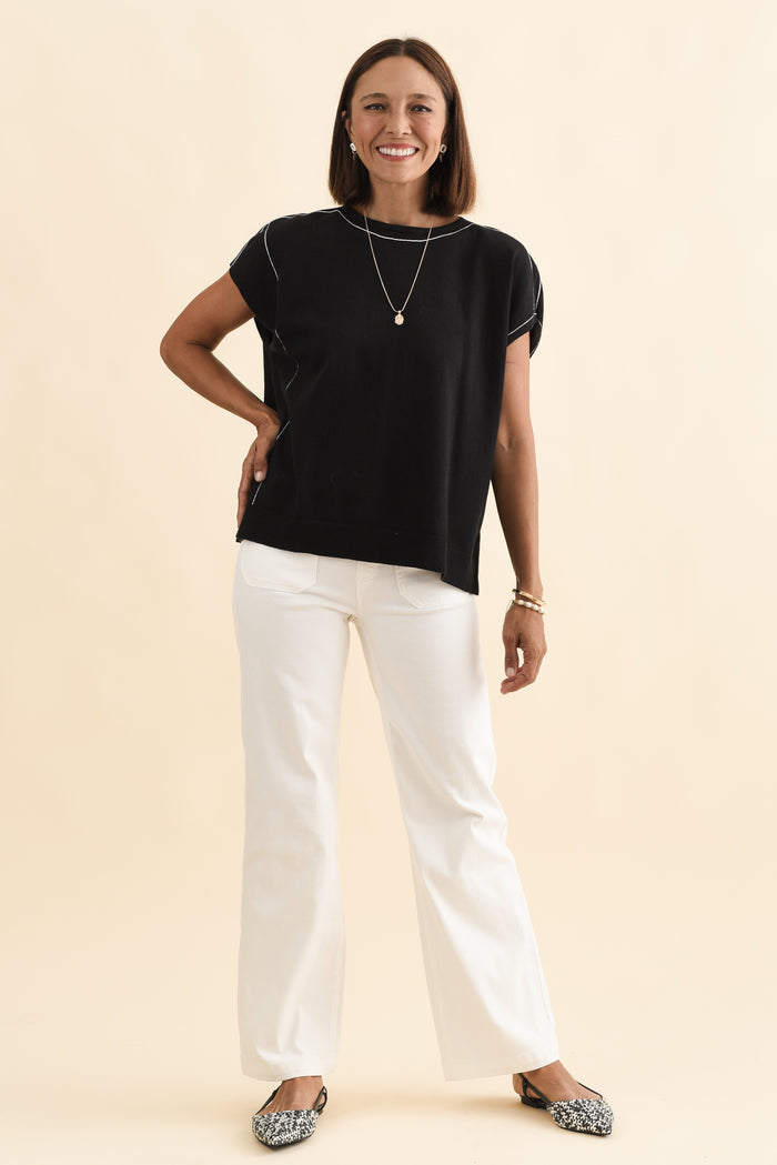 Orla Black Cotton Blend Knit Top,Brunette model,alt text|model:Cara