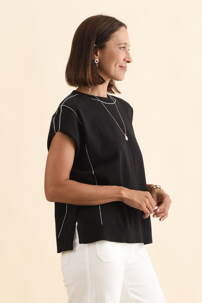 Orla Black Cotton Blend Knit Top,Brunette model,alt text|model:Cara