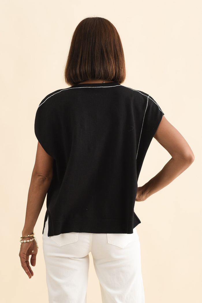 Orla Black Cotton Blend Knit Top,Brunette model,alt text|model:Cara