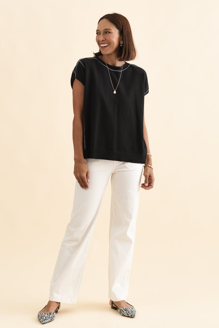 Orla Black Cotton Blend Knit Top,Brunette model,alt text|model:Cara
