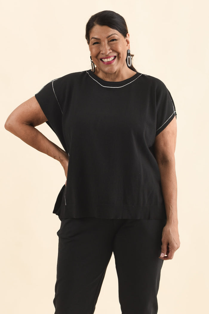 Orla Black Cotton Blend Knit Top,Brunette model,alt text|model:Pilita