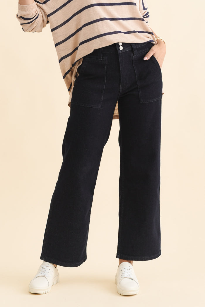 Orwell Dark Blue Straight Leg Jeans,Brunette model,alt text|model:MJ