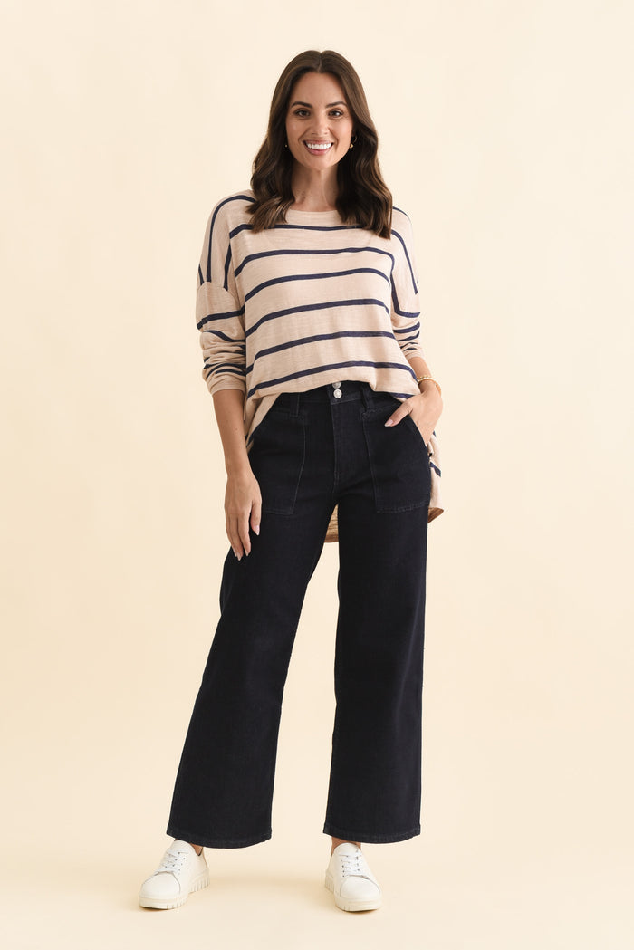 Orwell Dark Blue Straight Leg Jeans,Brunette model,alt text|model:MJ