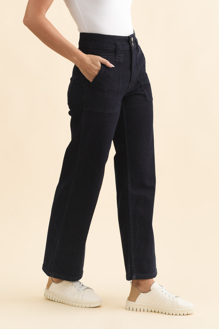 Orwell Dark Blue Straight Leg Jeans,Brunette model,alt text|model:MJ