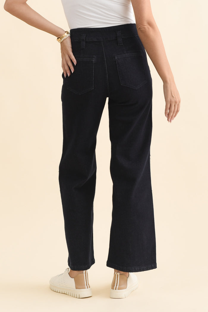 Orwell Dark Blue Straight Leg Jeans,Brunette model,alt text|model:MJ