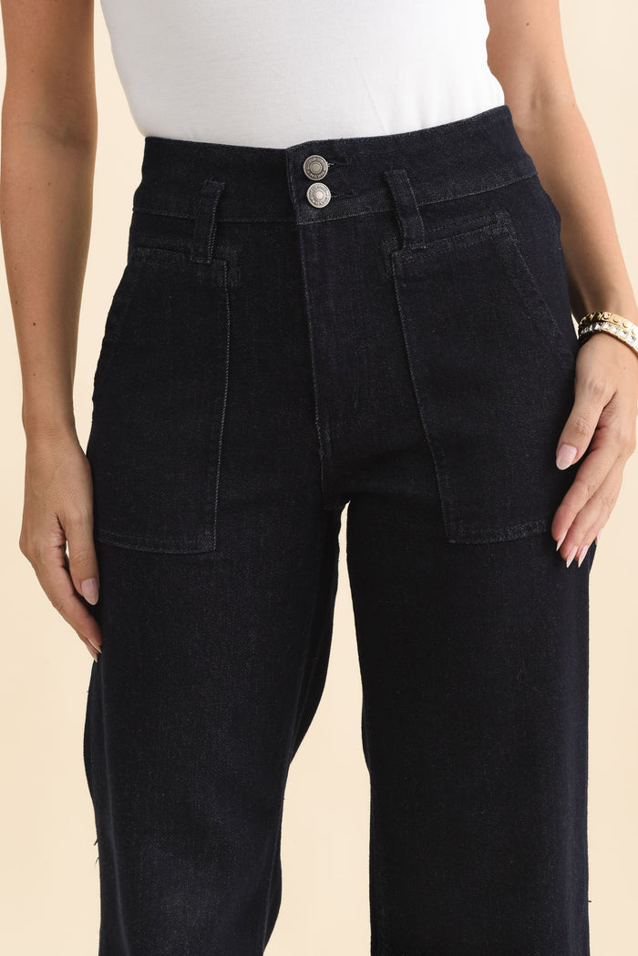 Orwell Dark Blue Straight Leg Jeans,Brunette model,alt text|model:MJ