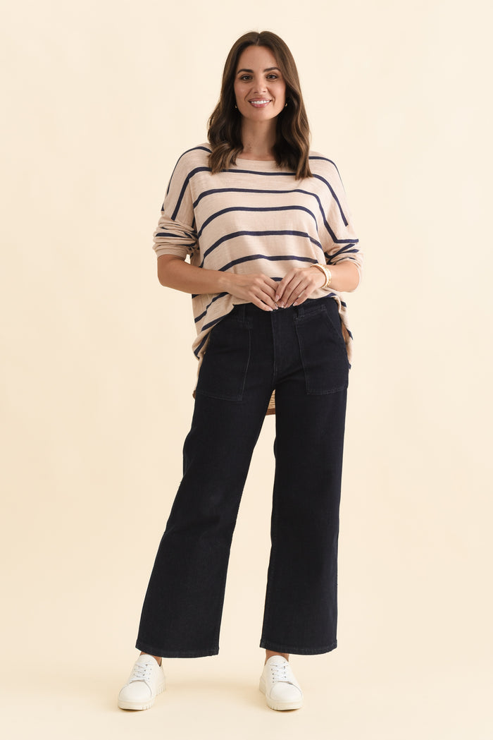 Orwell Dark Blue Straight Leg Jeans,Brunette model,alt text|model:MJ