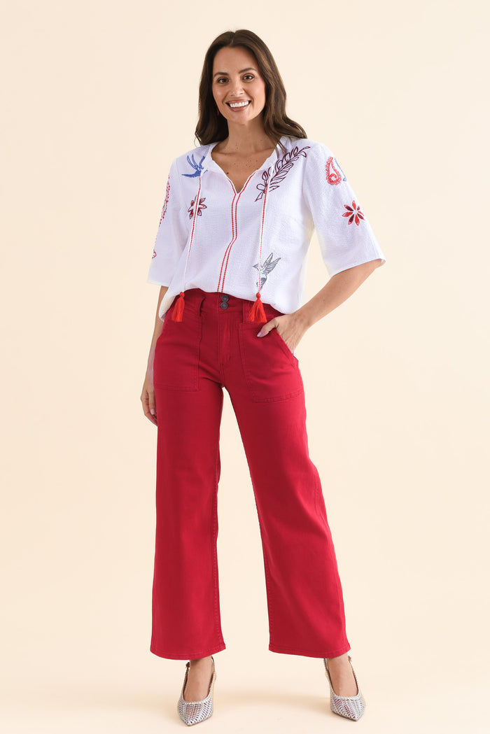 Orwell Red Straight Leg Jeans,Full Body,Brunette model,alt text|model:MJ