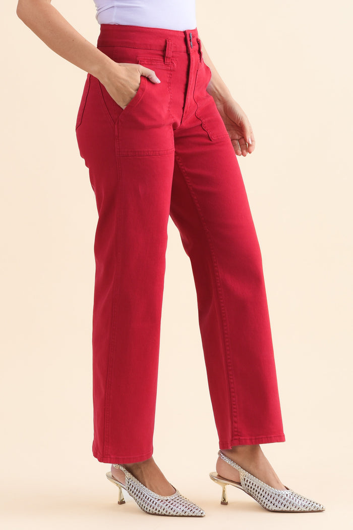Orwell Red Straight Leg Jeans,Side,Brunette model,alt text|model:MJ