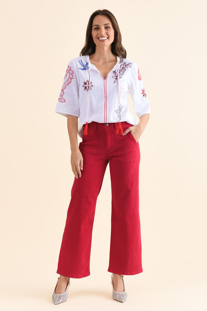 Orwell Red Straight Leg Jeans,Full Body,Brunette model,alt text|model:MJ
