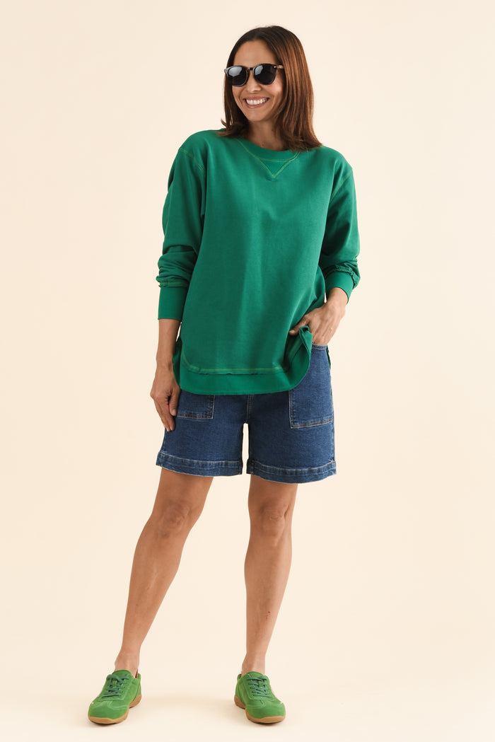 Osbourne Dark Green Cotton Sweatshirt,Full Body,Brunette model,alt text|model:Cara