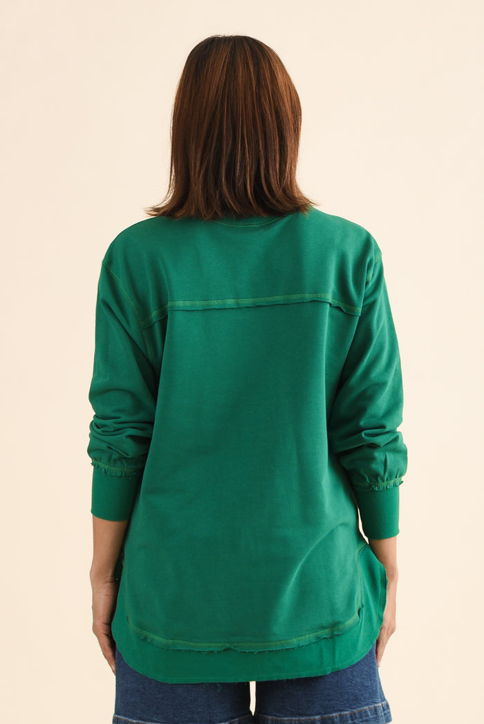Osbourne Dark Green Cotton Sweatshirt,Back,Brunette model,alt text|model:Cara