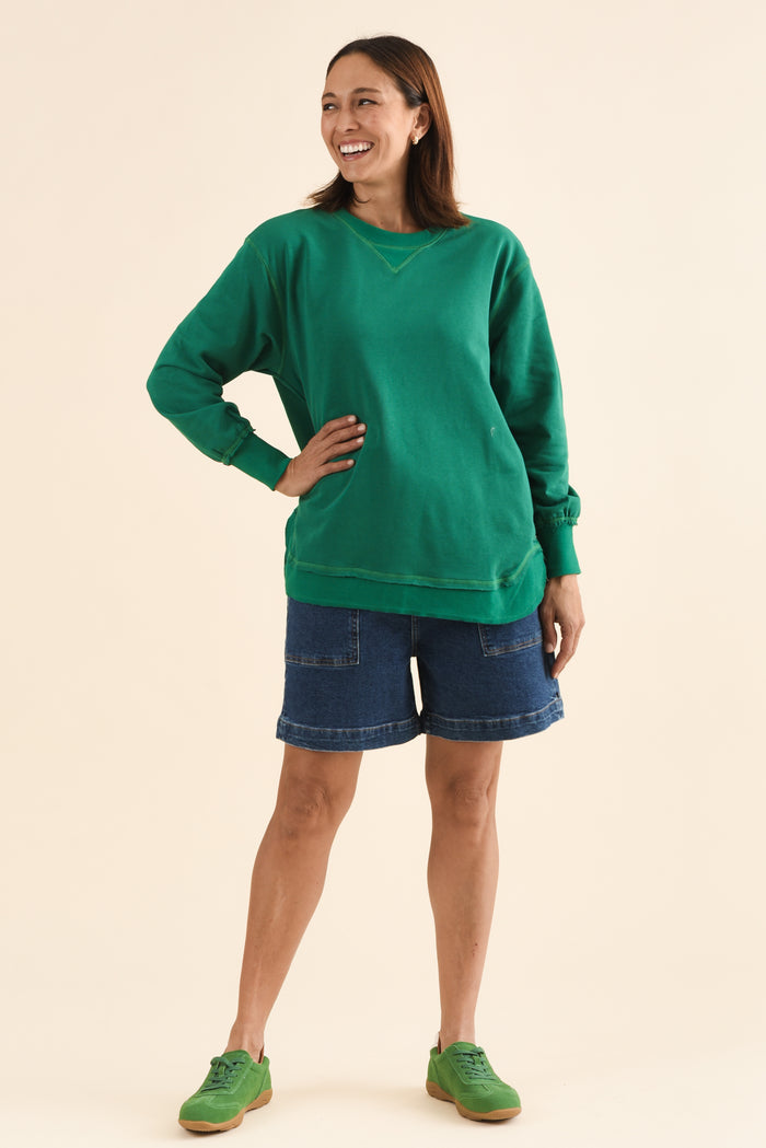 Osbourne Dark Green Cotton Sweatshirt,Full Body,Brunette model,alt text|model:Cara