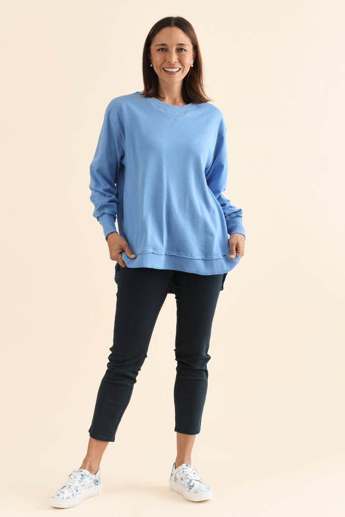 Osbourne Light Blue Cotton Sweatshirt,Full Body,Brunette model,alt text|model:Cara