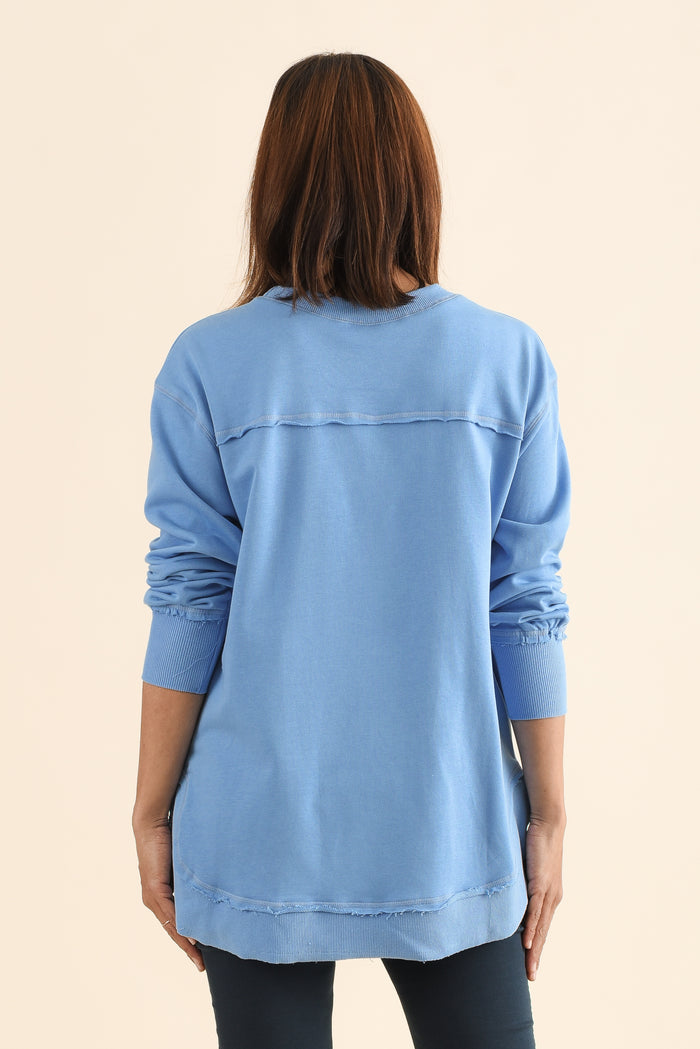 Osbourne Light Blue Cotton Sweatshirt,Back,Brunette model,alt text|model:Cara