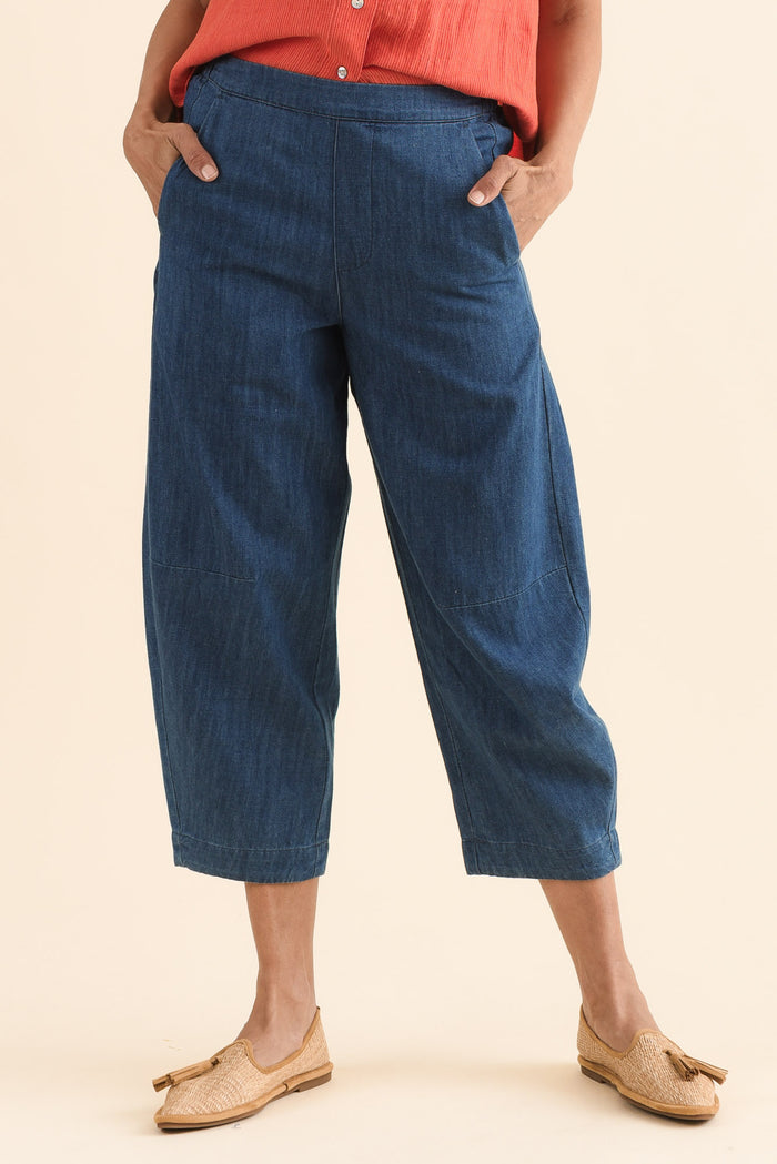 Ottie Blue Cotton Barrel Pants,Front,Brunette model,alt text|model:Cara