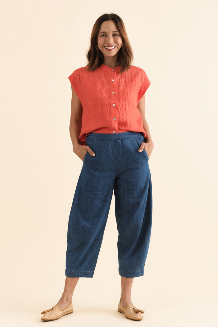 Ottie Blue Cotton Barrel Pants,Full Body,Brunette model,alt text|model:Cara