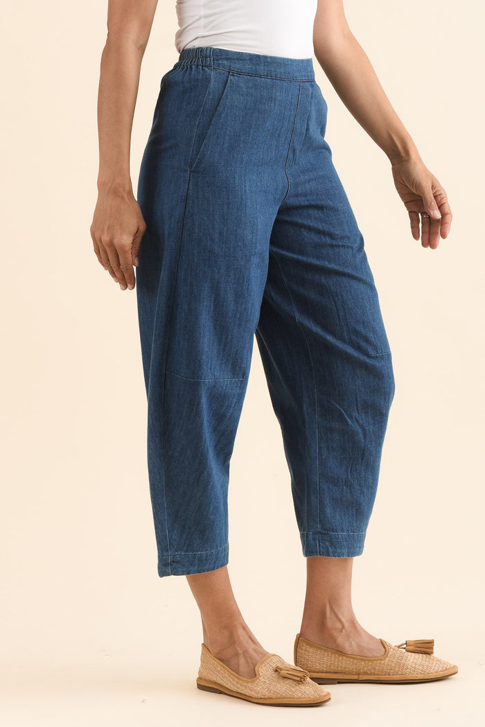 Ottie Blue Cotton Barrel Pants,Side,Brunette model,alt text|model:Cara