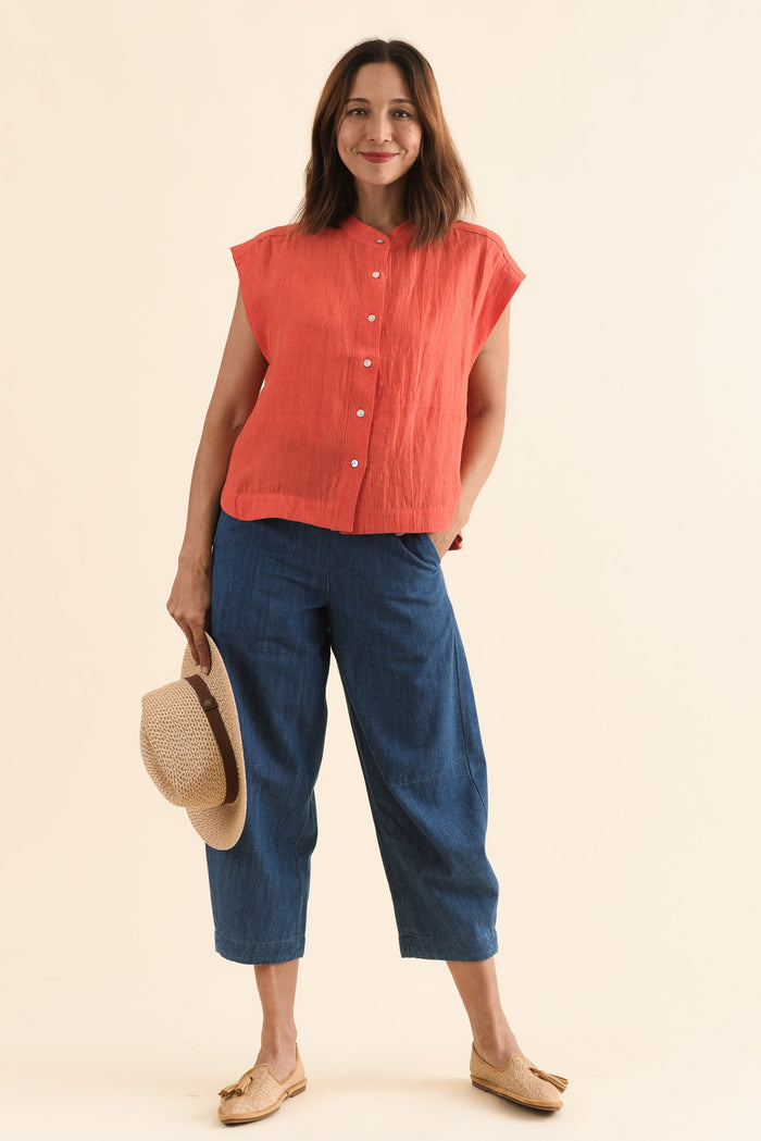 Ottie Blue Cotton Barrel Pants,Full Body,Brunette model,alt text|model:Cara