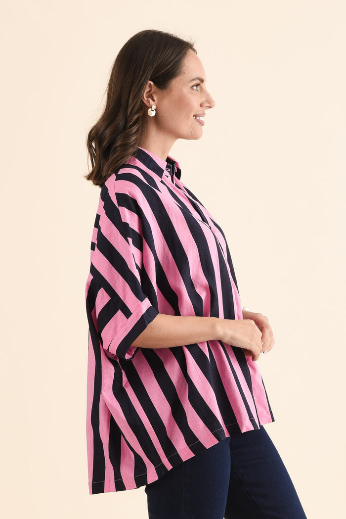 Palermo Navy Stripe Linen Blend Shirt,Side,Brunette model,alt text|model:MJ