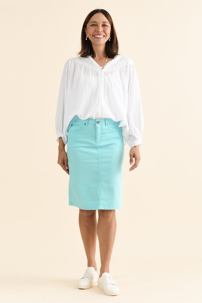 Palin Blue Zip Front Skirt,brunette model,Full Outfit,alt text|model:Cara