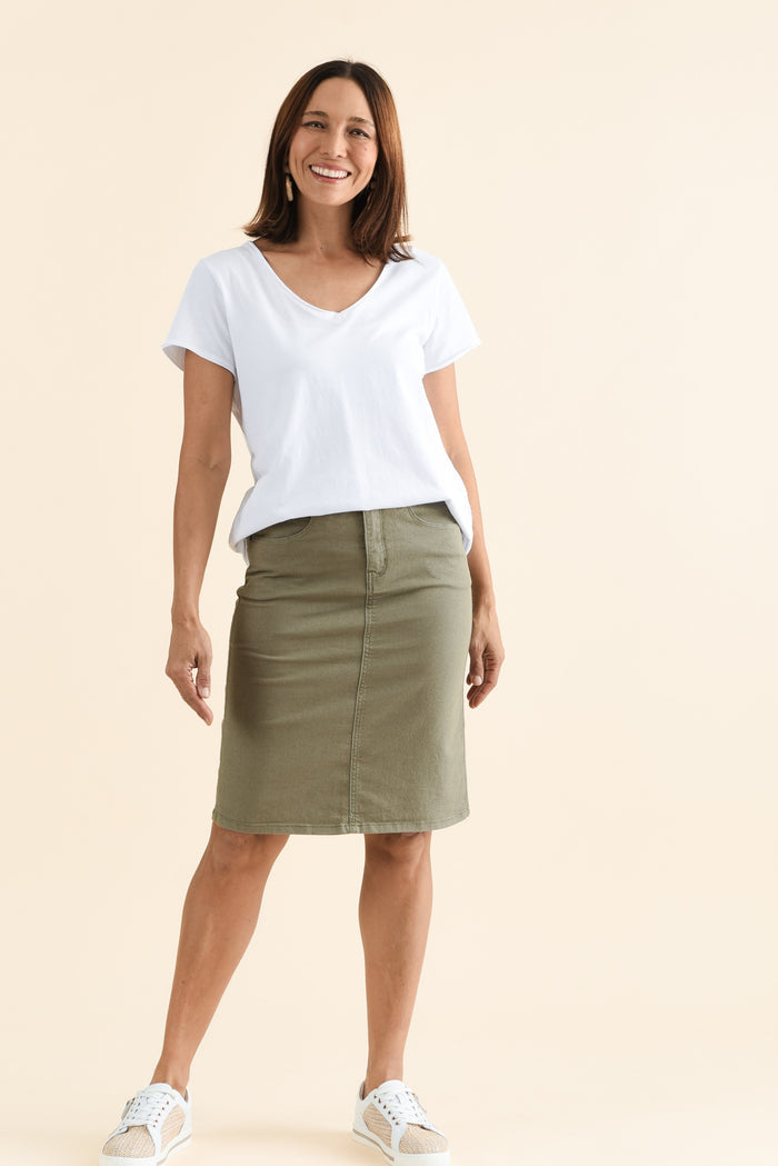 Palin Khaki Zip Front Skirt,Full Body,Brunette model,alt text|model:Cara