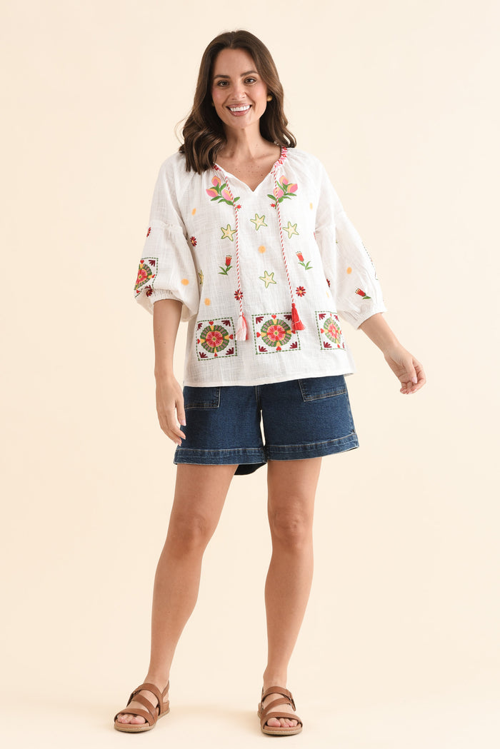 Paradiso Cream Beach Cotton Tassel Top,Full Body,Brunette model,alt text|model:MJ