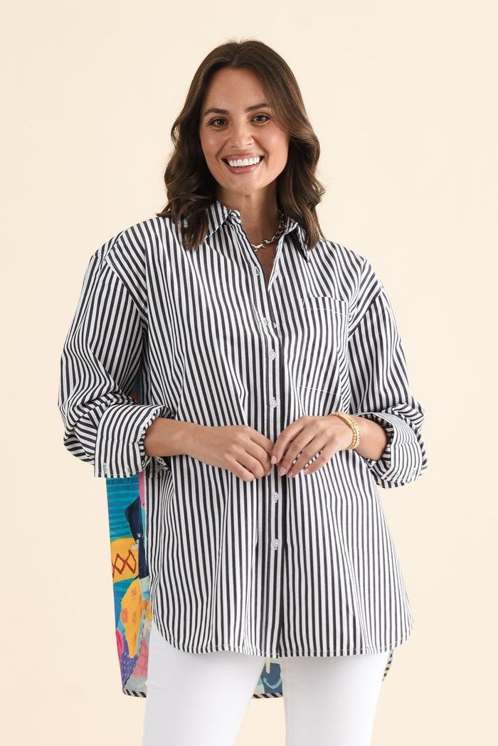 Party Navy Stripe Cotton Shirt,brunette model,Front of Outfit,alt text|model:MJ
