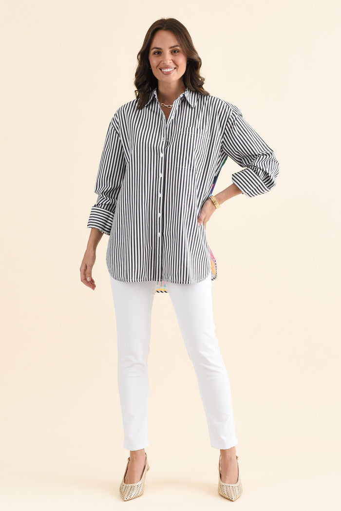 Party Navy Stripe Cotton Shirt,brunette model,Side of Outfit,alt text|model:MJ