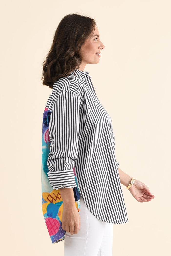 Party Navy Stripe Cotton Shirt,brunette model,Back of Outfit,alt text|model:MJ