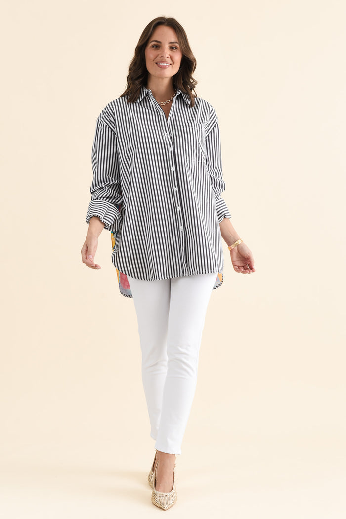 Party Navy Stripe Cotton Shirt,brunette model,Close up of outfit,alt text|model:MJ