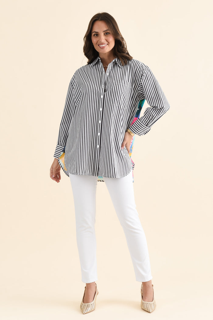 Party Navy Stripe Cotton Shirt,brunette model,alt text|model:MJ
