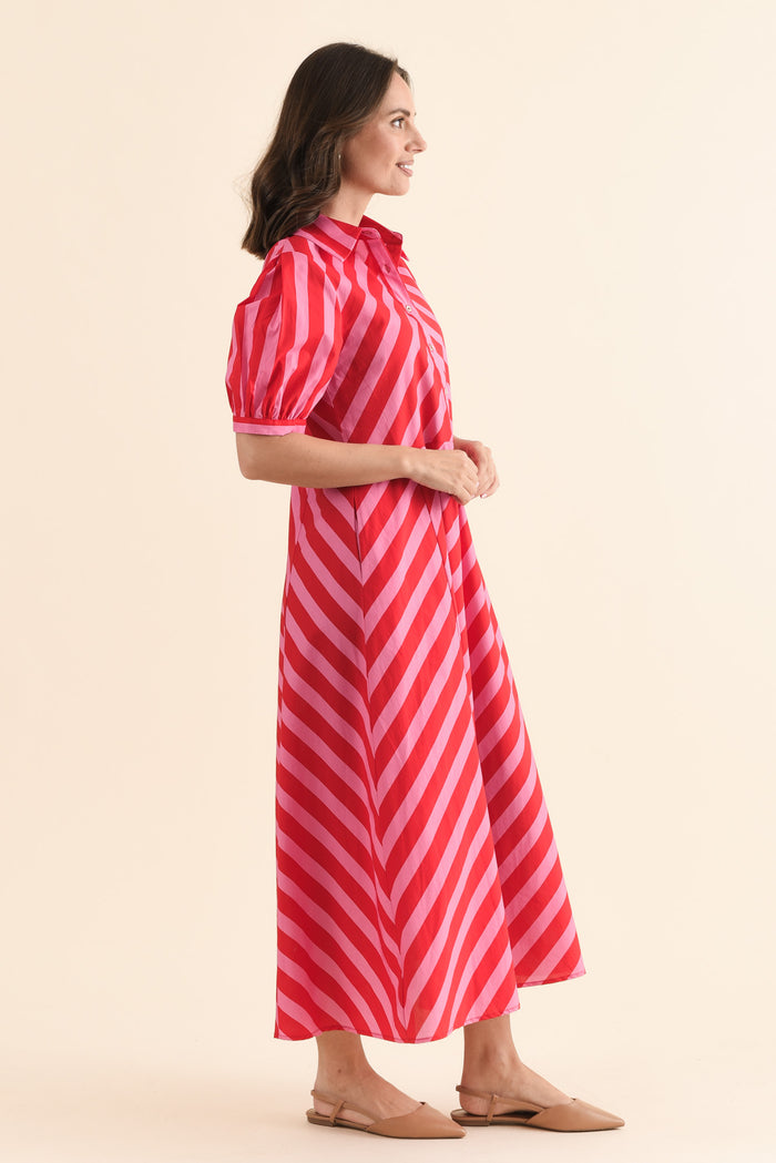 Patty Red Stripe Cotton Shirt Dress,Side,Brunette model,alt text|model:MJ