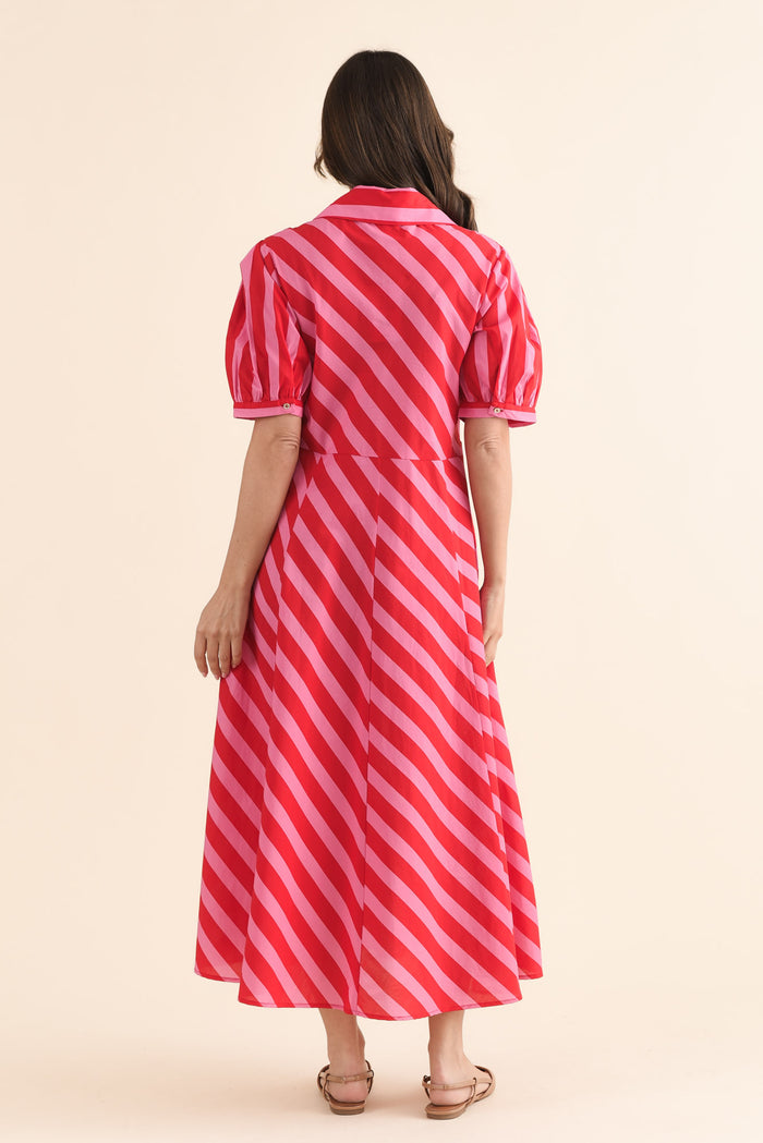 Patty Red Stripe Cotton Shirt Dress,Back,Brunette model,alt text|model:MJ