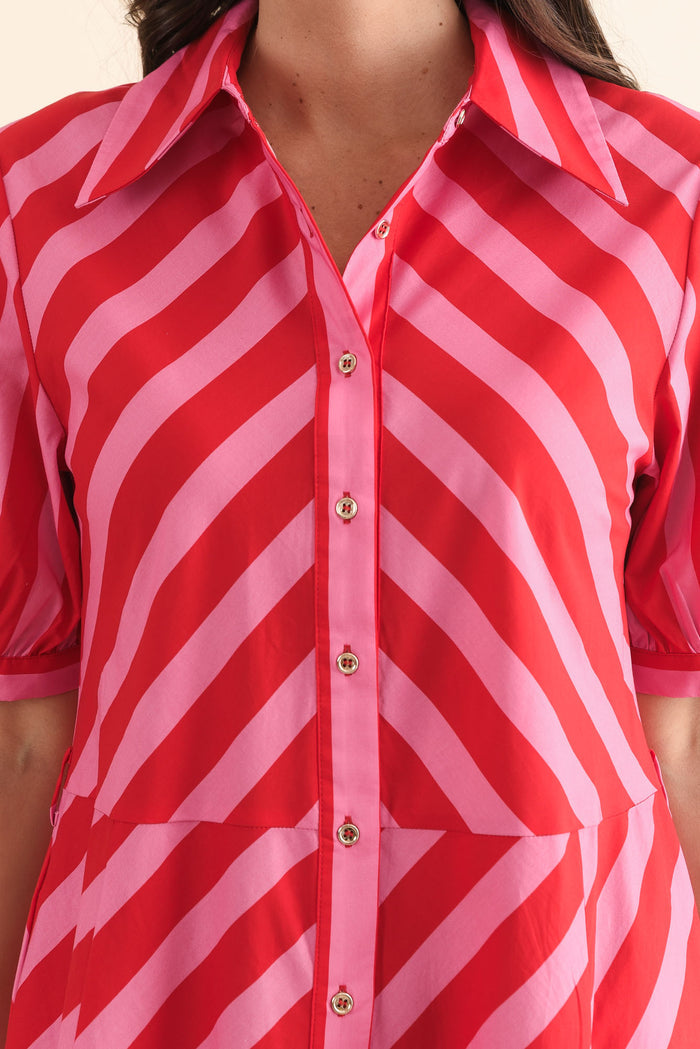 Patty Red Stripe Cotton Shirt Dress,Detail,Brunette model,alt text|model:MJ