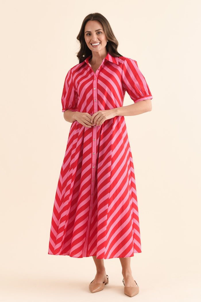 Patty Red Stripe Cotton Shirt Dress,Full Body,Brunette model,alt text|model:MJ