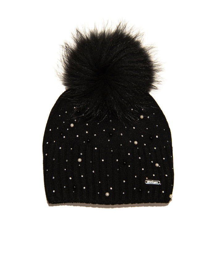 Pearl and Crystal Winter Hat Women Black Distressed/seasonal accessories Bari Lynn Black Juniors/Women One Size Fits Most