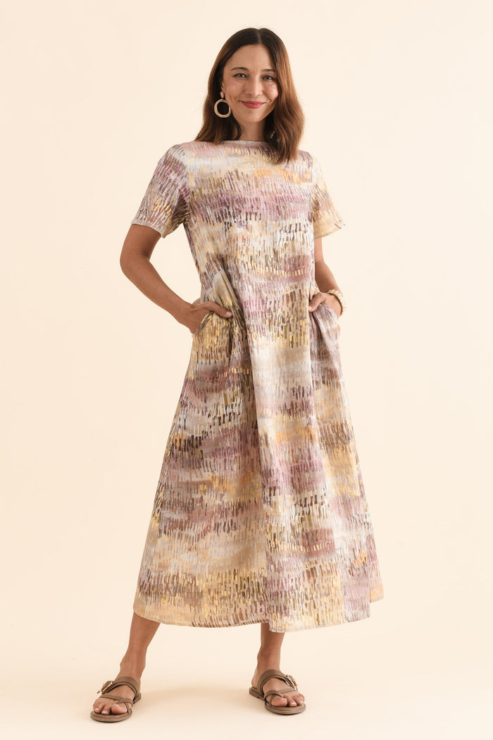 Perlina Yellow Abstract Linen Dress,Front,Brunette model,alt text|model:Cara